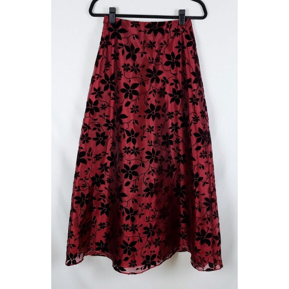 Jessica Howard Red A-Line Skirt Long Floral Velvet Womens 4 Whimsigoth Formal